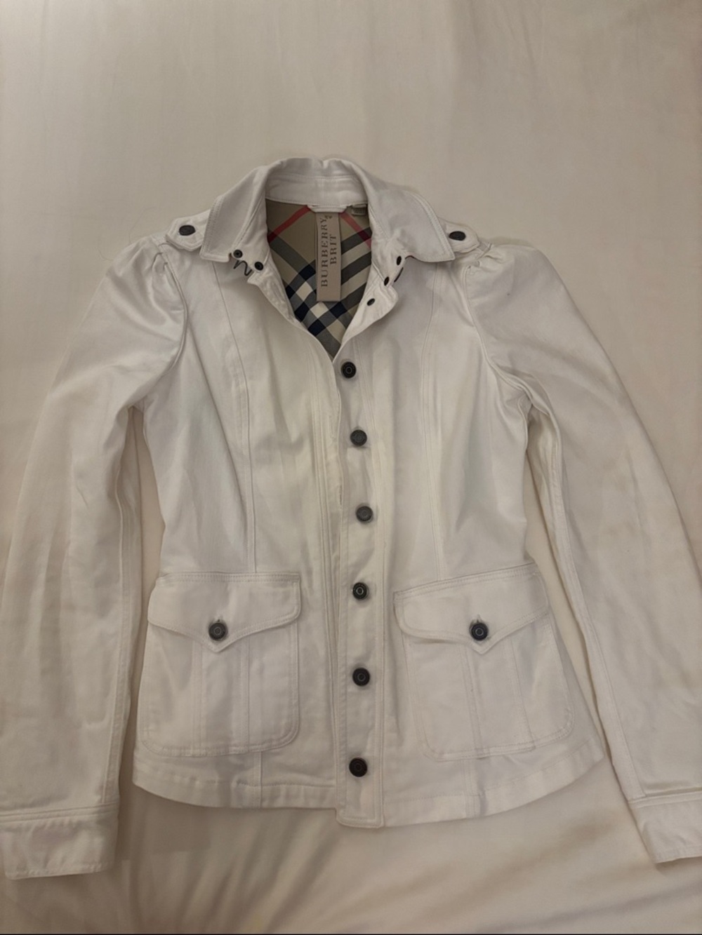 Burberry White Cotton Trench Jacket with Signature Check Lining